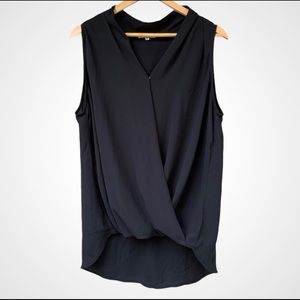 PLEIONE Black Sleeveless Blouse Faux Wrap Surplice